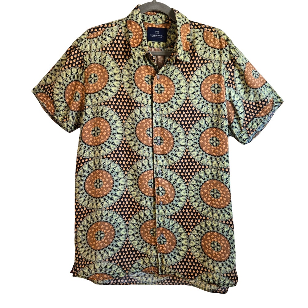 Scotch & Soda Bold Boho Mens Large Linen Mandala Pomegranate Print Shirt